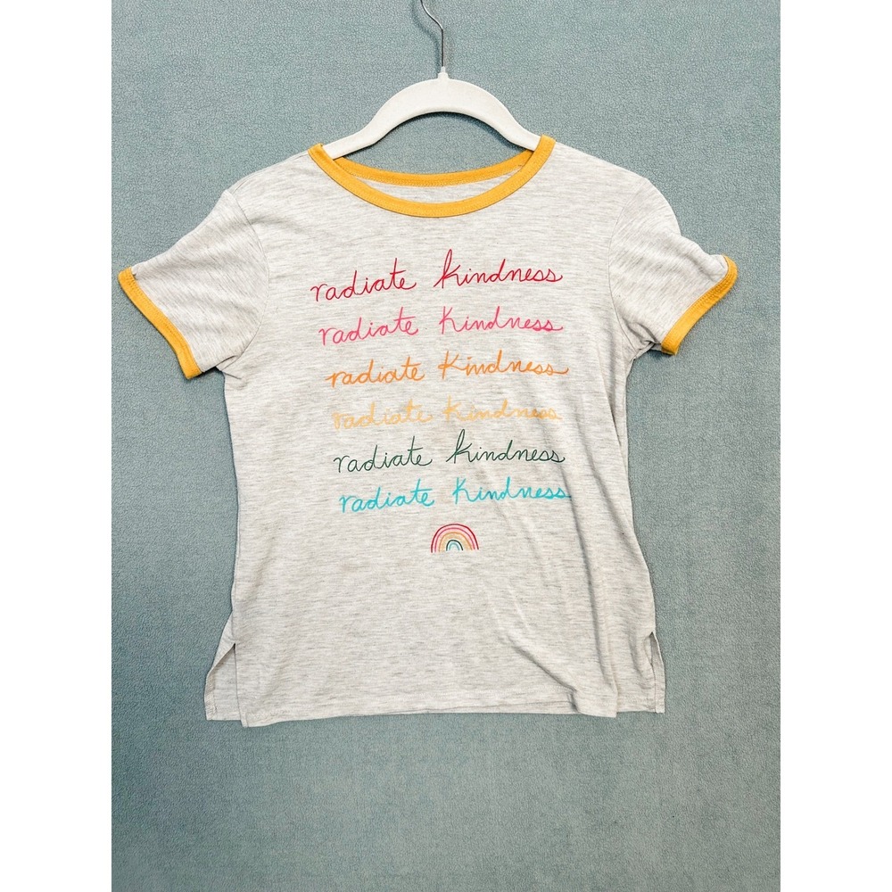 Mudd Girls Radiate Kindness Rainbow Ringer Tee Heather Gray Mustard Yellow Sz 10